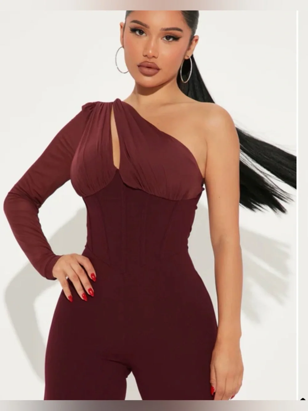 Fashion Nova One Love One-Shoulder, Wide-Leg Flattering Fit Burgundy Size M - Picture 2 of 13